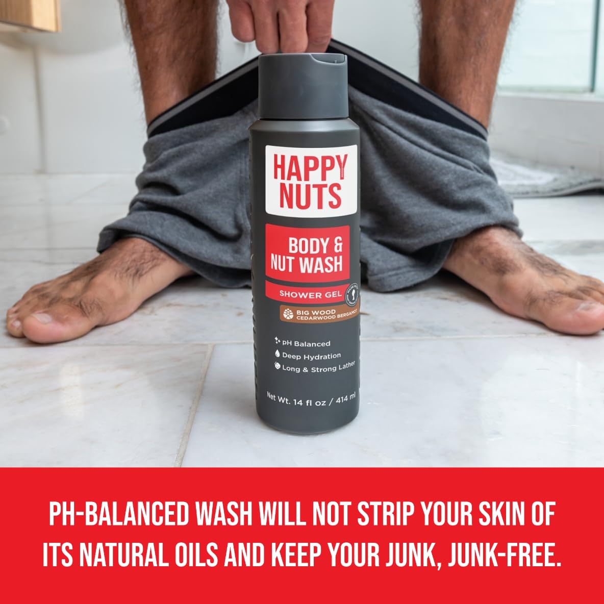 HAPPY NUTS Big Wood Body and Nut Wash - Moisturizing Men's Shower Gel, Bodywash with Deep Cleanse for Sensitive Skin - Men's Body Soap